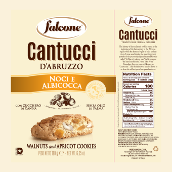 Cantucci alle Noci e Albicocche.  In vendita a cartone da 12 confezioni da 180 gr